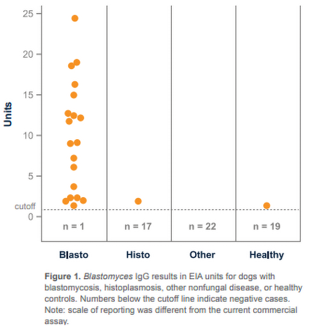 A graph of Blastomyces IgG results in EIA units for dogs with blastomycosis, histoplasmosis, other nonfungal disease, or healthy controls.